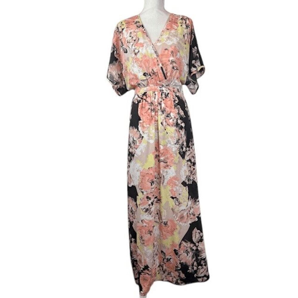Bar III Watercolor Floral Maxi Dress Wrap‎ Look Charcoal Gray Peach Size Medium